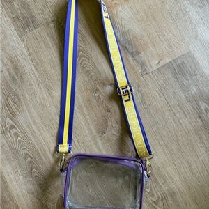 LSU Clear Crossbody Bag with Purple Trim and Yellow/Purple Strap